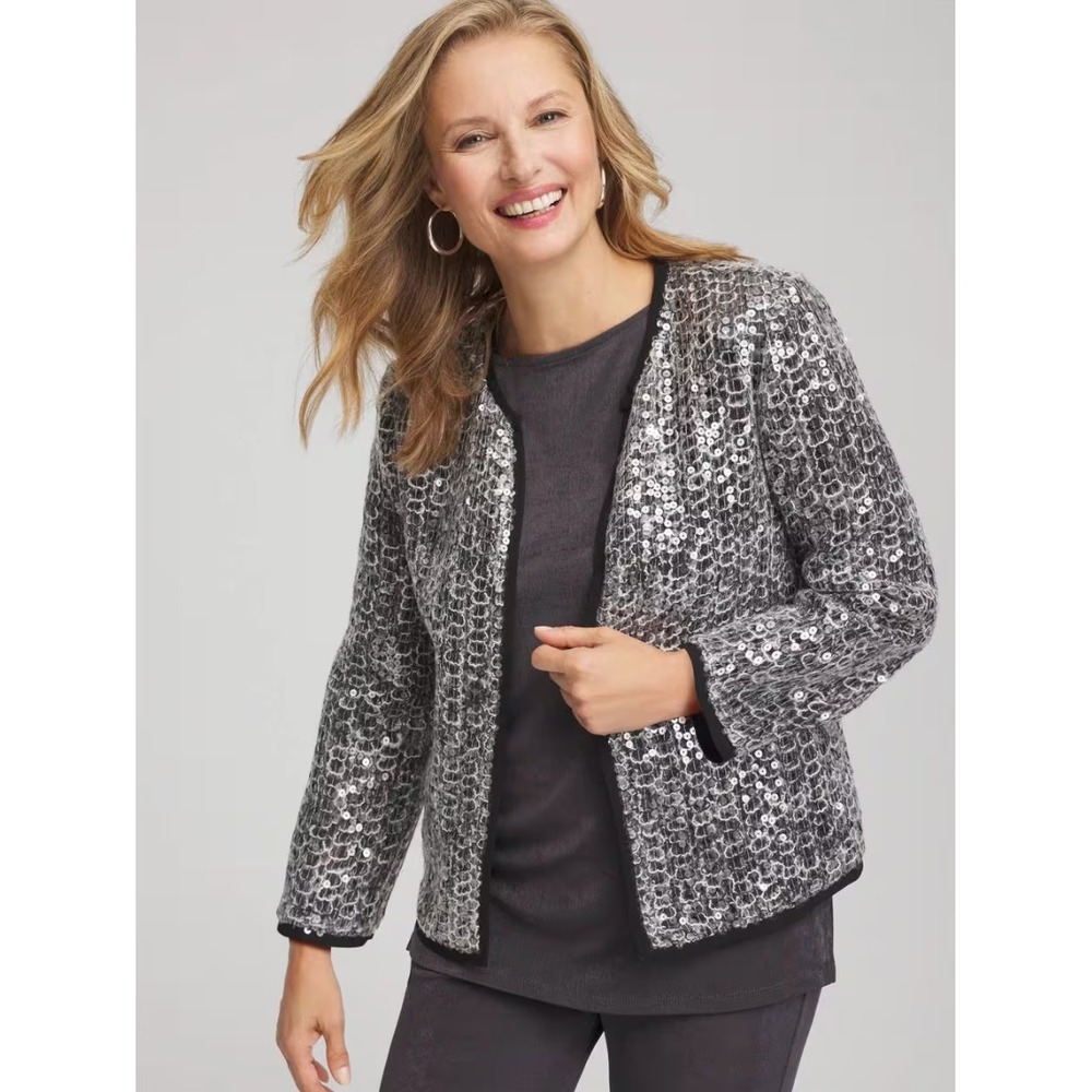 Chicos Travelers Sequin Netted Blazer Jacket Gray Womens 3 US XL 570394770